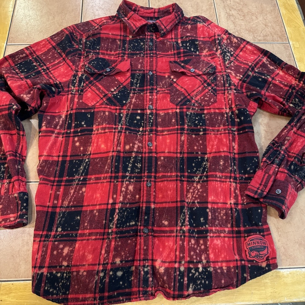 Angry Minnow Flannel Shirt Sz Large Red Plaid Bleach Splatter Western Giddy Up